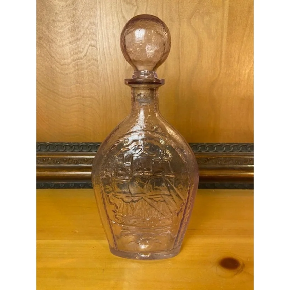 Vintage Amethyst Purple Glass Decanter Courage Ship Embossed Bottle with Stopper